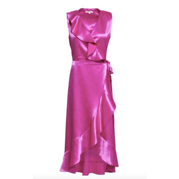 MAJE Ripple Ruffle Detail Satin Wrap Dress - Picture 2 of 9